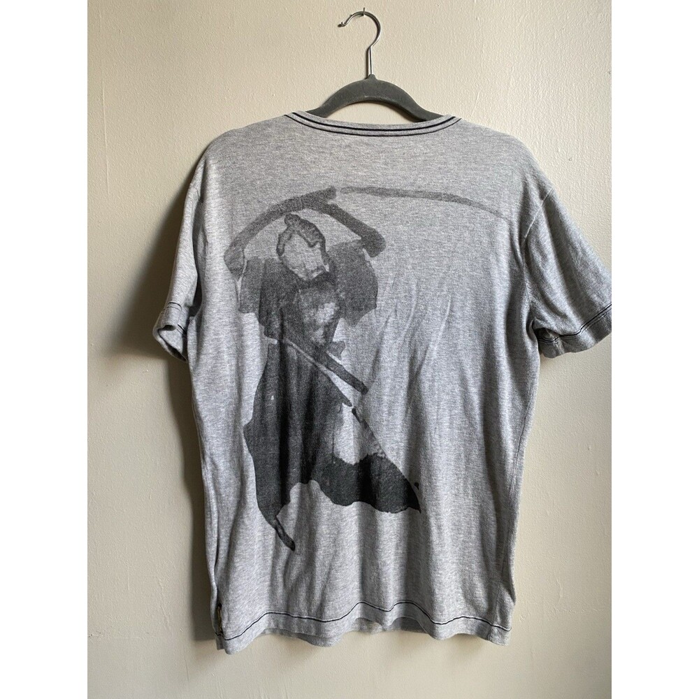 Vintage Armani Jeans V Neck Graphic Tee Grey with Japanese Samurai Ink Wash